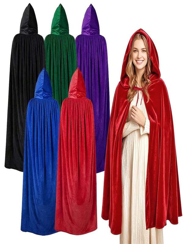 Velvet Hooded Cape, Halloween Party Cloak Robe, Unisex, Witch, Elf Cosplay Accessory, Black And Red Available, Two Sizes, Small And Large Available, Suitable For Costume Masquerade, Devil Vampire Dark Outfit, Mysterious Person Outfit, Christmas Cape, Christmas Decoration, Holiday Costume Prop