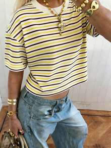 Camiseta de cuello redondo corta de mujer con rayas de colores, de tela de punto con elasticidad media, longitud regular, casual, ropa deportiva de mujer, primavera/verano blanca - Amarillo - Ver 1