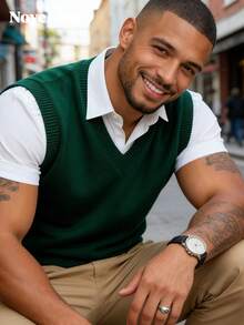 Nove Knit Men's Solid Dark Green V Neck Knit Sweater Vest, Breathable Spring Summer Daily Commute, Retro Old Money Sleeveless Top - Dark Green - View 2