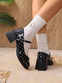 1 Pair New Polka Dot Bow Ballet Shoes, Essential For Daily Outings And Dates, Adding Radiance To Every Step - Black - View 4
