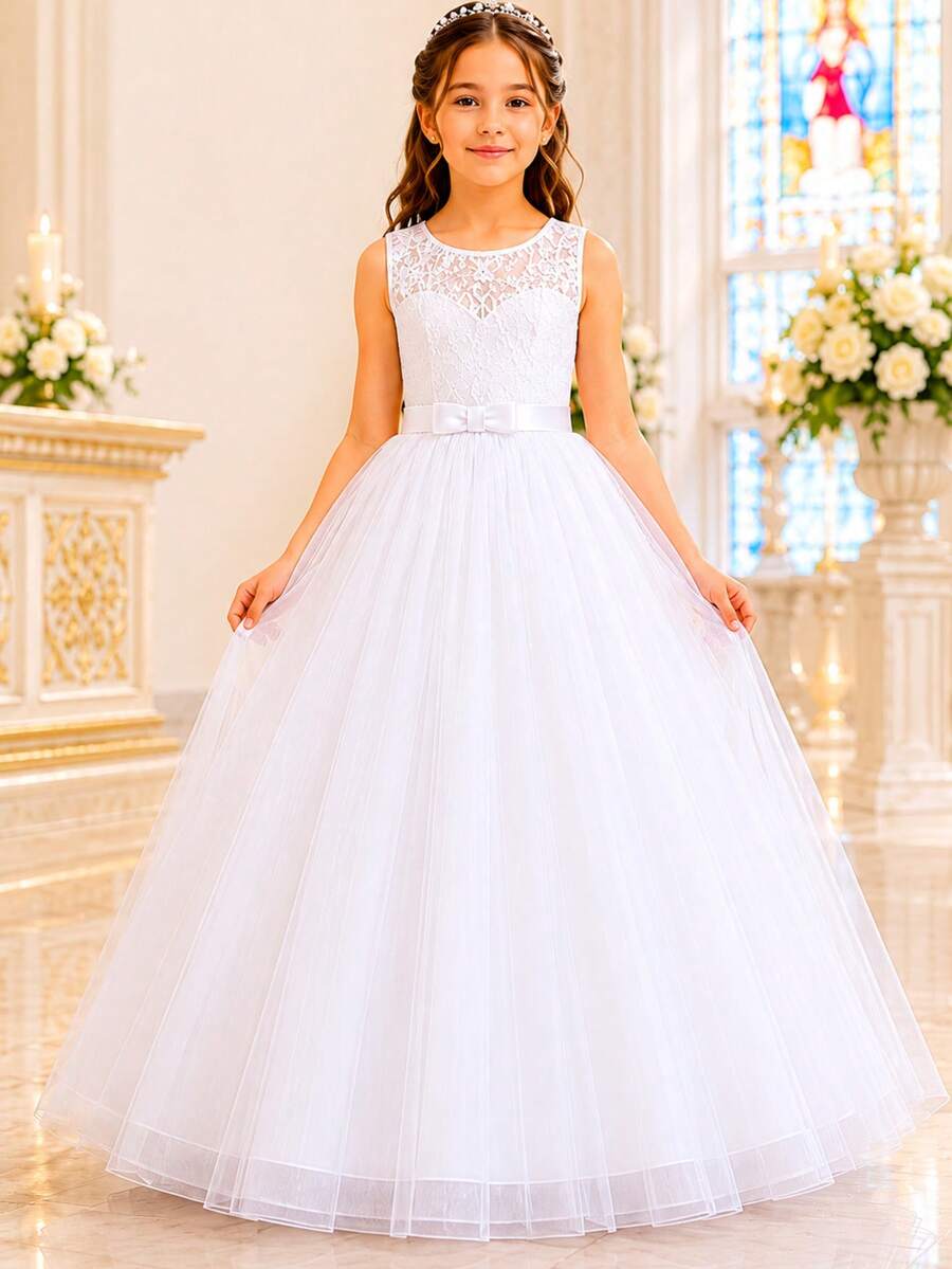 Long Dress For Children, Youth, Party, Flower Girl, Bridesmaid, Wedding, Flower Girl, Debutante, Princess, Miss, Lace With Bow, 3/4 Sleeve, Luxury - 3 To 16 Years - 白色 - 查看 1