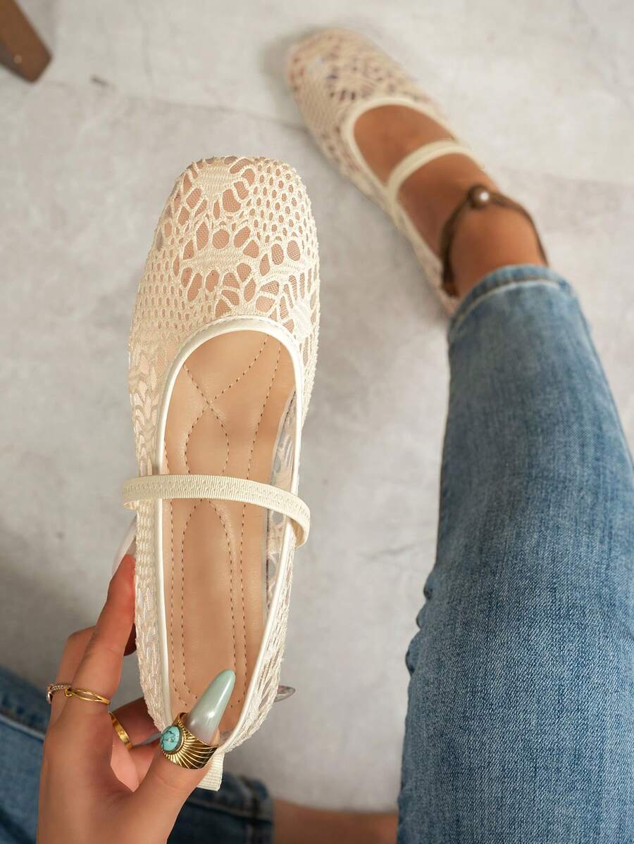 Spring/Summer Lace Mesh Women's Flat Square Toe Hollow Out Ballet Shoes With Single Strap, Breathable Casual Commuter Shoes - White - View 1