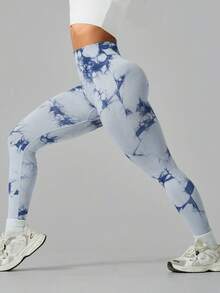 Leggings de sport pour femmes à taille haute avec contrôle du ventre, effet tie-dye, taille côtelée, gainant, élastiques et séchage rapide, pantalon de cyclisme - Bleu ciel - Voir 7