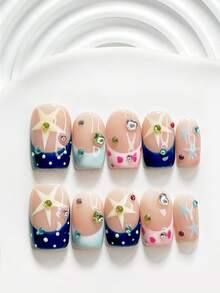 10Pcs Dreamy Style Handmade Press On Nail,Polygel Nail Set,Featuring Heart Shaped Rhinestone,Pink And Blue Nail Polish,Playful Style,Includes Nail Tools,3 Sizes Available,Square,Short Square,Almond,Nails For Party,Dance,Daily Wear. - 彩色 - 查看 4