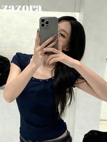 鉚釘圓領針織上衣，百搭修身小眾短袖顯瘦上衣，微低領口，夏季女款休閒服飾 - 藏青色 - 查看 3