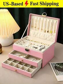 1pc Large-Capacity Three-Layer Jewelry Box,[US-Based Shipping]Pu Leather Multi-Functional Jewelry Box, Watch Box With Lock, 3-Layer Large Capacity Jewelry Storage Box,For Earrings, Rings,Watches,Bracelets And Other Accessories, Organizing And Storing - 粉色 - 查看 1