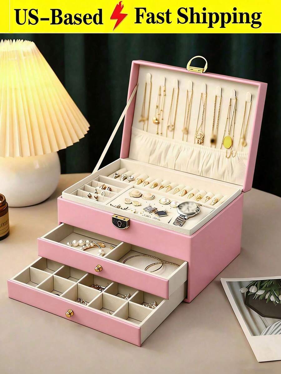 1pc Large-Capacity Three-Layer Jewelry Box,[US-Based Shipping]Pu Leather Multi-Functional Jewelry Box, Watch Box With Lock, 3-Layer Large Capacity Jewelry Storage Box,For Earrings, Rings,Watches,Bracelets And Other Accessories, Organizing And Storing - 粉色 - 查看 1