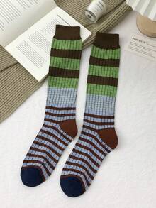 1/4 Pairs Vintage Striped Compression Calf Socks, Women's Fashion Color-Block Long Socks, Slimming Barn Style Y2K Outfit, Pairs With Leather Shoes, Boots, Sandals, Suitable For Various Occasions - Multicolor - View 16