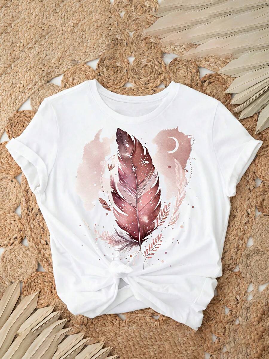 Bohemian Tropical Print T-Shirt, Vintage Style Crew Neck Tee, Casual Top For Spring And Summer - White - View 1