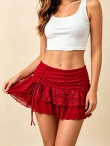 Womens Mini Skirt Lace Floral Tiered Ruffle Low Waist Side Drawstring Going Out Cake Skirts - 紅色 - 查看 3