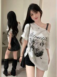American Style Graphic Print Asymmetrical Shoulder Short Sleeve T-Shirt, Sexy Loose Unique Chic Top For Women, Summer White - White - View 1