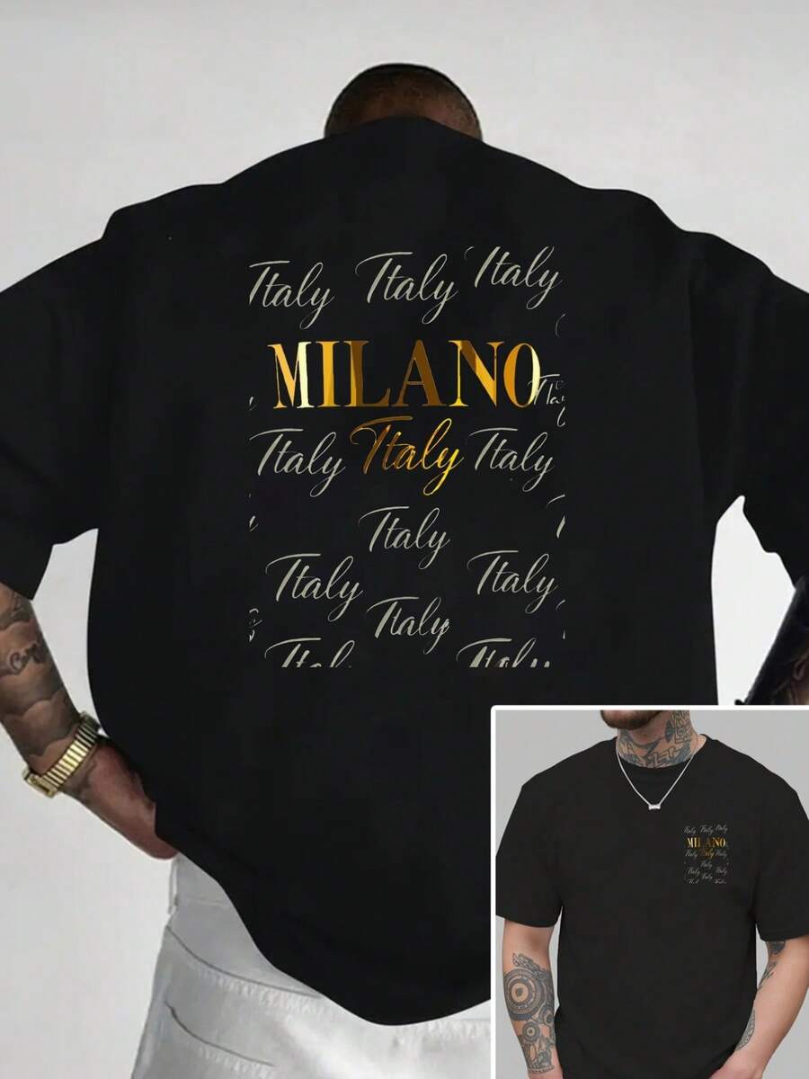 Mailand, Italien, neues Herren--Shirt mit Rundhalsausschnitt und beidseitigem Druck, lässiges, sportliches,, lockeres Oberteil für Studenten und Teenager, kurzärmelig. - Schwarz - Übersicht 1