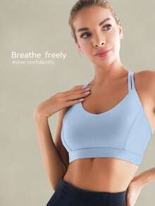 Tender Angel Women's Medium-High Support Sports Bra, Camisole Style, Beautiful Back, Removable Padding, Minimalist Yoga Tank Top, Running Fitness Bra, Backless Design - Sky Blue - View 3
