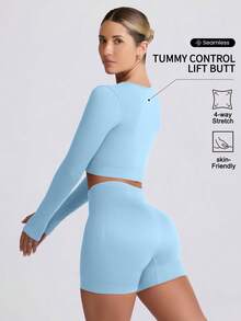 VVX Women's Seamless Sports Yoga Set Long-Sleeved Shorts Thumbholes Slim High-Waist Tummy Control Sports Set - 天藍色 - 查看 2
