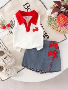 2pcs Set Baju Bayi Perempuan Lucu Polo Kerah Merah Tank Top Putih Bergaris & Rok Denim, Tipis untuk Musim Panas - Putih - View 1