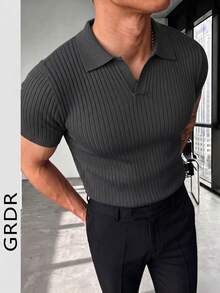 GRDR 男士夏季针织Polo衫，纯色短袖针织领，适合夏季外出穿着，时尚穿搭必备单品 - 深灰色 - 查看 2