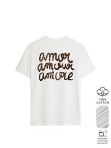 Women's 100% Pure Cotton Leopard Print Letter Graphic T-Shirt, Loose Breathable Casual Top, Suitable For Street Daily Wear - White - View 2