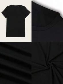 Camiseta de manga corta con estampado exquisito, camiseta casual de moda para mujer, manga corta con estampado exquisito de cachorro de dibujos animados, tejido suave y cómodo, adecuada para - Negro - Ver 5