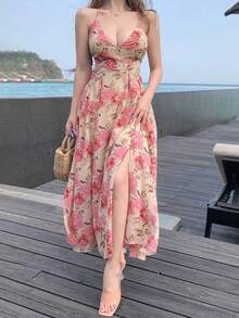 Vestido de verano con estampadofloral,escoteenV, espalda descubierta y tirantes finos para mujerConjunto de ropa de crucero, vestido de playa - Azul marino - Ver 5