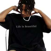 -Men's T-Shirt % Cotton, Crew Neck, Short Sleeve, White, With Print La Is Beautiful, Minimalist Style, Urban Casual For Summer Everyday Use. - Black - View 2