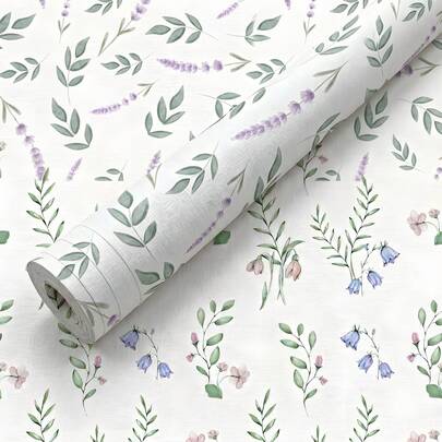 YUANYI 1 Roll 44.5cm(17.5") White Watercolor Lavender Leaves Self-Adhesive Wallpaper, Nordic Ins Style Plant Pattern, PVC Waterproof, Removable Without Residue Easy To Cut, Rental Friendly Home Renovation Bedroom Living Room Entryway Background Wall Decoration