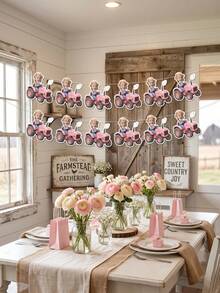 6/12/18pc Custom Photo Pink Tractor Banner, Personalized Farm Themed Birthday Party Decorations Backdrop,Face Head Bunting Banner, Perfect For Farm Tractor Themed Photo Garland,Rustic Farmhouse Party Bunting,Rustic Little Farmer Keepsake,Home Decor - Multicolor - View 7