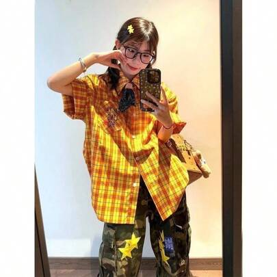 黄色トップス シャツ レディース 半袖 ギンガムチェック 冷感 ギャル夏服 韓国風 アメリカンレトロ オーバーサイズ ゆったり 羽織り ライトアウター カジュアル 学院風 トップス レディース ガーリー デイリー 旅行 おしゃれ