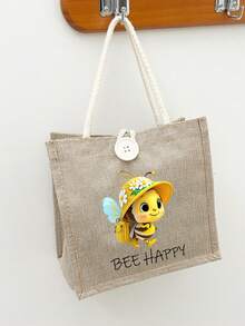 女款多功能托特包，印有可愛蜜蜂與「BEE HAPPY」圖案，度假風字母設計購物袋，適合婚禮、生日、海灘及各種節日場合，亞麻托特包，教師節禮物袋，便攜輕量可折疊收納袋，簡約百搭，護理師、醫生、教師感謝收納袋，母親節禮物，個人旅行化妝收納袋，購物袋，教師節與開學季最佳禮物選擇 - 彩色 - 查看 7