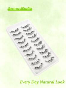 10 Pairs Cat Eye False Eyelashes With Extended Outer Corners, 3D Fluffy Natural Soft Invisible Transparent Band - Black - View 6