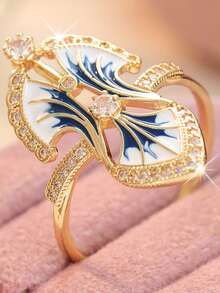 Blue Enamel Plant Leaf Design Women's Ring With Sparkling Synthetic Cubic Zirconia, Fresh Style Party & Daily Fashion Accessory, Versatile Jewelry - Multicolor - View 4