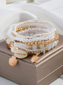 Juego de 7 piezas/Set de tobilleras con capas de conchas, perlas y cuentas de estrella de mar, diseño apilable de estilo bohemio, adecuado para mujeres, uso casual en vacaciones de playa, patrón casual de conchas, excelente regalo - Multicolor - Ver 2
