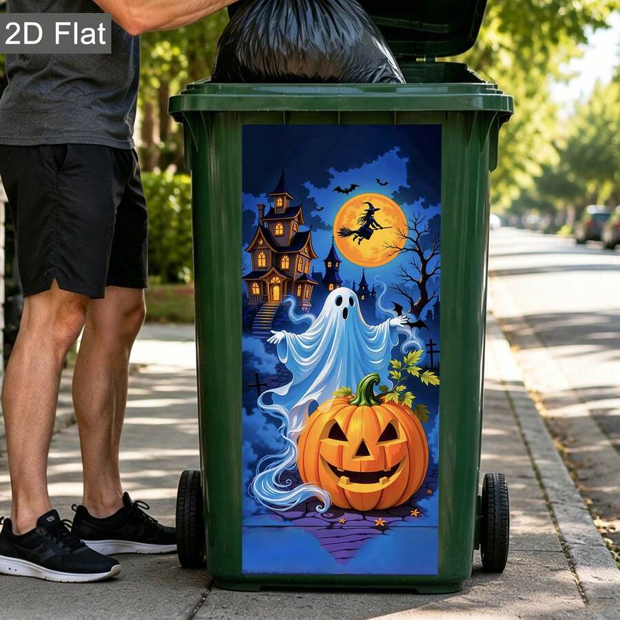 萬聖節幽靈怪物臉哥德風娃娃垃圾桶貼紙,防水自黏式南瓜女巫鬼屋蝙蝠恐怖垃圾桶貼花,秋季戶外庭院露台草坪後院花園居家派對裝飾 - 萬聖多圖桶貼 - 查看 1