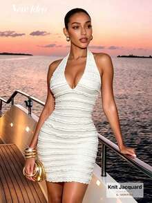 NEW IDEA Women's Elegant Sexy White Jacquard Halter Neck Short Summer Dress, Deep V Backless Textured Pleated Bodycon Mini Dress, Suitable For Yacht, Beach Vacation, Night Out - White - View 3