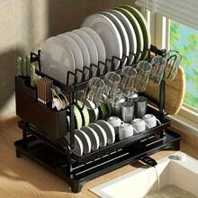 LEO IRIS Double-Layer Carbon Steel Dish Rack, Multi-Purpose Kitchen Countertop Storage Box, Available In Two Models, With Drain Board, Cup Holder And Cutlery Tray, Rust-Proof Design, Suitable For Home Kitchens, Christmas Gifts, Housewarming Gifts. - View 1
