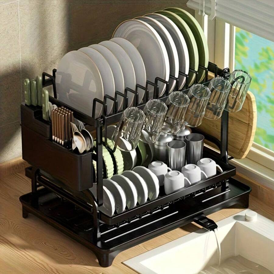 LEO IRIS Double-Layer Carbon Steel Dish Rack, Multi-Purpose Kitchen Countertop Storage Box, Available In Two Models, With Drain Board, Cup Holder And Cutlery Tray, Rust-Proof Design, Suitable For Home Kitchens, Christmas Gifts, Housewarming Gifts. - View 1