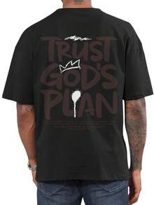 Camiseta de hombre a la moda, de corte holgado y cuello redondo, estampada con las palabras Confía en el Plan de Dios,% poliéster, ligera y transpirable, camiseta casual de verano, un - Negro - Ver 2