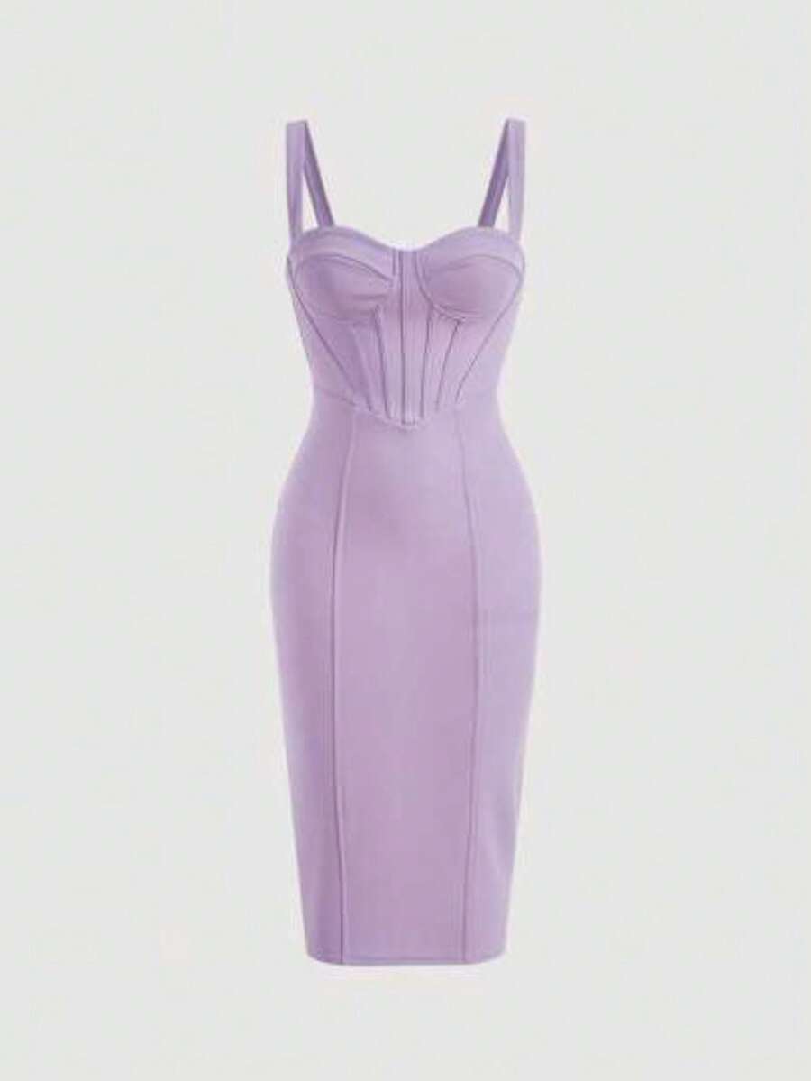 MOD Vestido midi ajustado azul con espalda dividida, silueta esbelta y copas de busto - Lila Púrpura - Ver 1