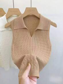 1件女款修身顯瘦短款粗針織無袖背心，翻領設計附假領 - 彩色 - 查看 5