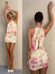 Vestido mini elegante de mujer con estampado floral y cuello halter, para verano IJNB - Multicolor - Ver 1