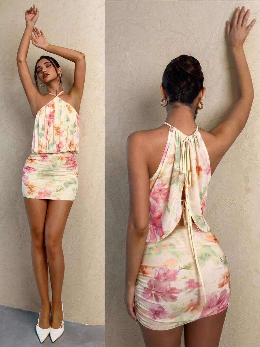 Vestido mini elegante de mujer con estampado floral y cuello halter, para verano IJNB - Multicolor - Ver 1