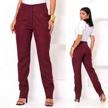 Women's Tailored Trousers, High Waist, Casual Fashion, Elegant Plus Size, Long Length, Straight Leg, Premium Tailoring, Luxury, Solid Color, Side Pocket With Zipper - 紅木色 - 查看 1