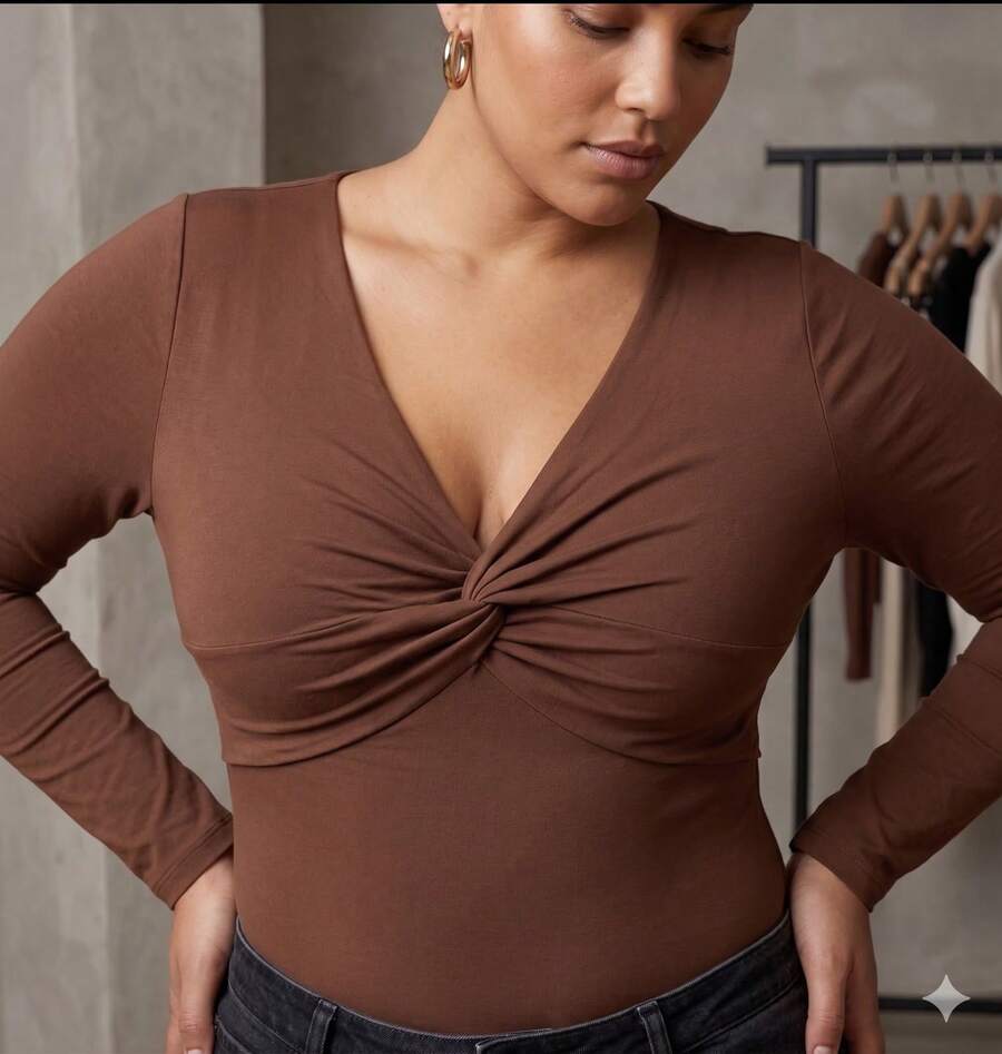 Bodysuit With Wrap Detail, Deep Neckline, And Long Sleeves. Front Detail: Deep Neckline. - Rust Brown - View 1