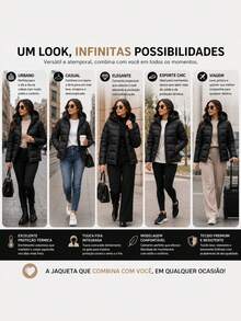 Jaqueta Puffer Feminina Casual Inverno Grossa Confortável Com Touca Integrada - Preto - Visão 8