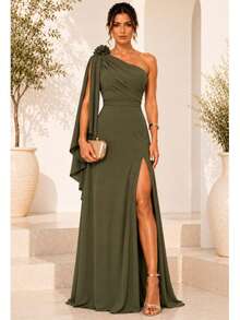 Bridesmaid Dress For Party Guests Reception Graduation Without Shine Cape Sleeve In Fluity Cpom Flower Brooch - Army Green - View 1
