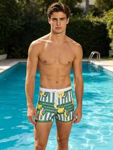Herren neue grüne Badehose mit Fruchtmuster-Patchwork, reinweißer Taille mit Futter, Kordelzug an der Taille, modische Badeshorts für Strand, Urlaub, Meeresküste, heiße Quellen und Wasserspaß - Verschiedenfarbig - Übersicht 10