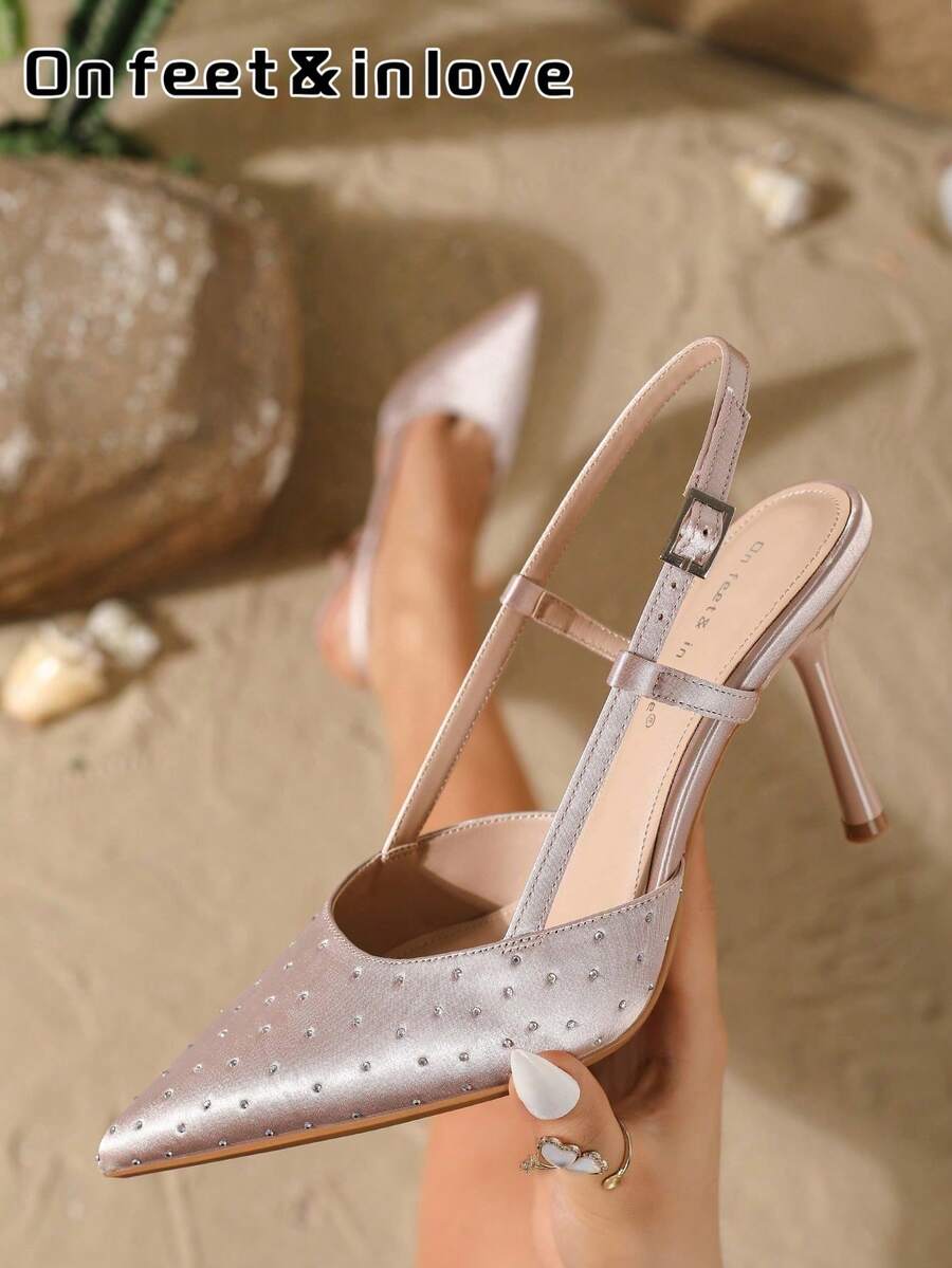 On feet& in love 女款時尚優雅緞面尖頭水鑽後跟帶高跟鞋,百搭通勤高跟鞋,適合派對與婚禮穿搭 - 香檳色 - 查看 1