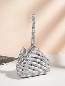 Mini bolso de mano con lazo y decoración de diamantes de imitación, elegante bolso de noche tipo clutch para vestidos formales - Plateado - Ver 3