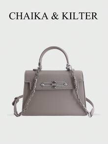 CHAIKA & KILTER 1件純色PU布料女款時尚個性方型手提包，金屬扭轉鎖扣設計，頂部單手把，附可拆卸可調節肩帶，可用作單肩包或斜背包，適合日常與外出使用 - 淺灰色 - 查看 2