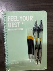 Set de 7 piezas, que incluye 1 cuaderno de tapa dura con espiral A5 (color aleatorio), 2 bolígrafos de punta de 0.5 mm en color negro y 4 cartuchos de repuesto. Bolígrafos de escritura suave con diseño de cuaderno de hojas perforadas. - Juego de cuadernos - Ver 11