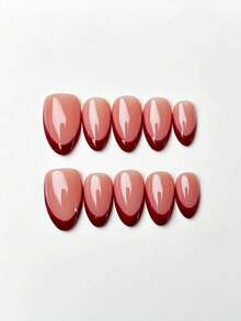 10pcs Handmade Almond-Shaped Acrylic Press-On Nails, Short Length, Minimalist Pink Nails, Red French Tip Nails, Fake Nail Tips, Gentle Cool Elegant Simple Winter Nails, Autumn Press-On Nails, Suitable For Valentine's Day Party Daily Date - Red - View 2